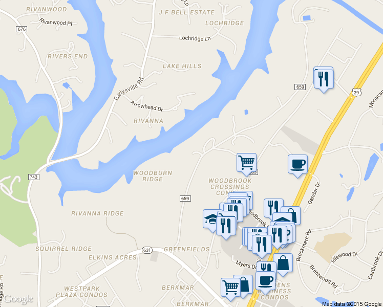 map of restaurants, bars, coffee shops, grocery stores, and more near 592 Reservoir Ridge Road in Charlottesville