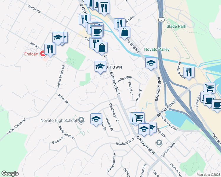 map of restaurants, bars, coffee shops, grocery stores, and more near 1465 South Novato Boulevard in Novato