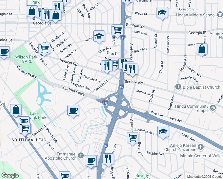 map of restaurants, bars, coffee shops, grocery stores, and more near in Solano County