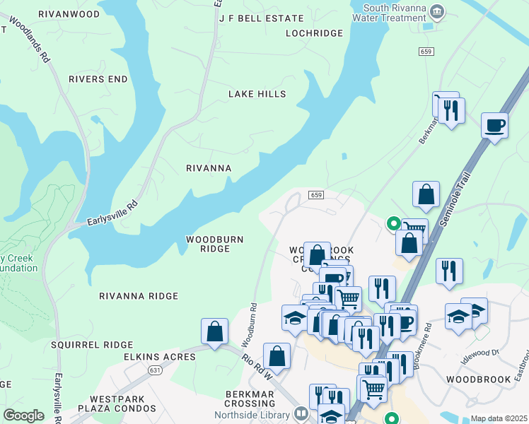 map of restaurants, bars, coffee shops, grocery stores, and more near 596 Reservoir Ridge Road in Charlottesville