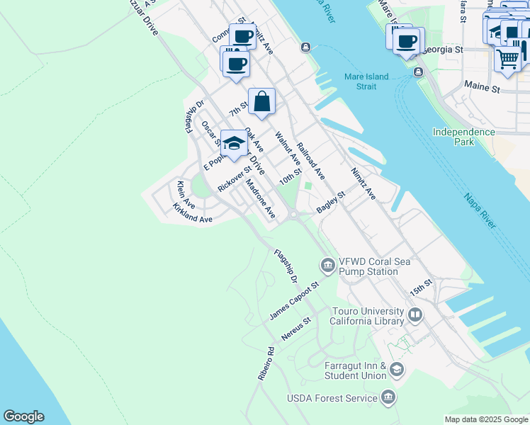 map of restaurants, bars, coffee shops, grocery stores, and more near 1051 Madrone Avenue in Vallejo