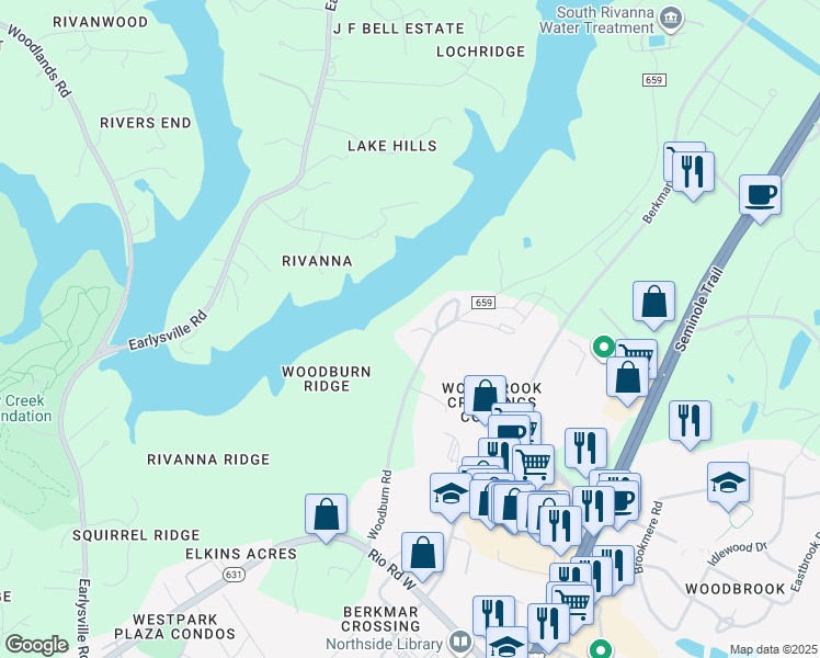 map of restaurants, bars, coffee shops, grocery stores, and more near 596 Reservoir Ridge Road in Charlottesville