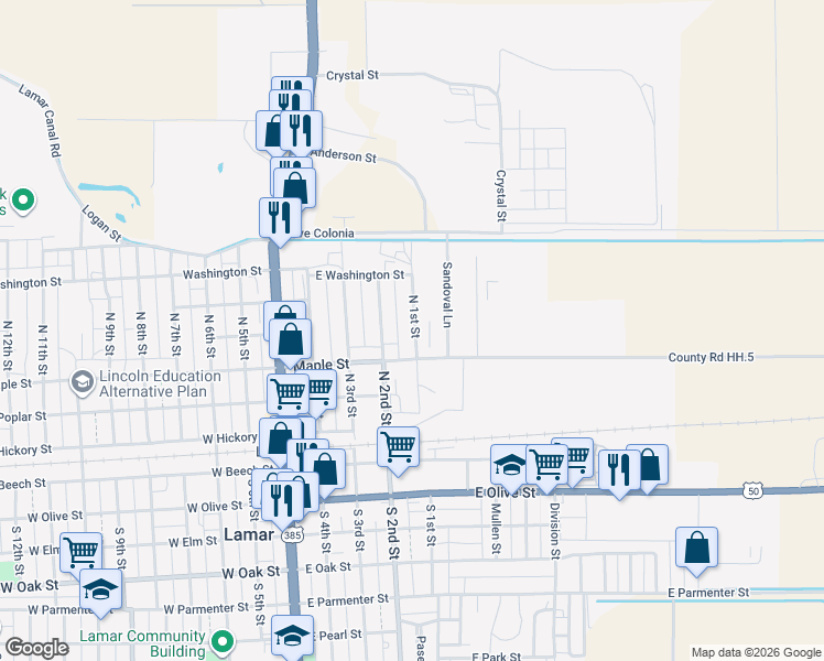 map of restaurants, bars, coffee shops, grocery stores, and more near 402 North 2nd Street in Lamar
