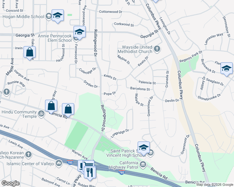 map of restaurants, bars, coffee shops, grocery stores, and more near 733 Pope Drive in Vallejo