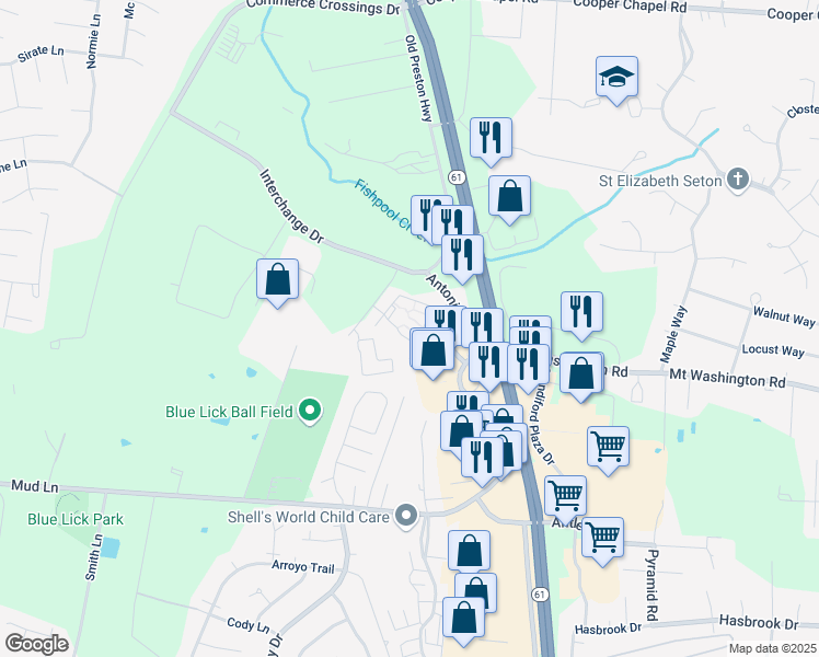 map of restaurants, bars, coffee shops, grocery stores, and more near 11750 Interchange Drive in Louisville