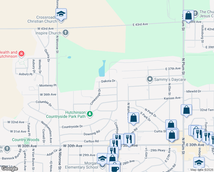 map of restaurants, bars, coffee shops, grocery stores, and more near 116 36th Avenue in Hutchinson
