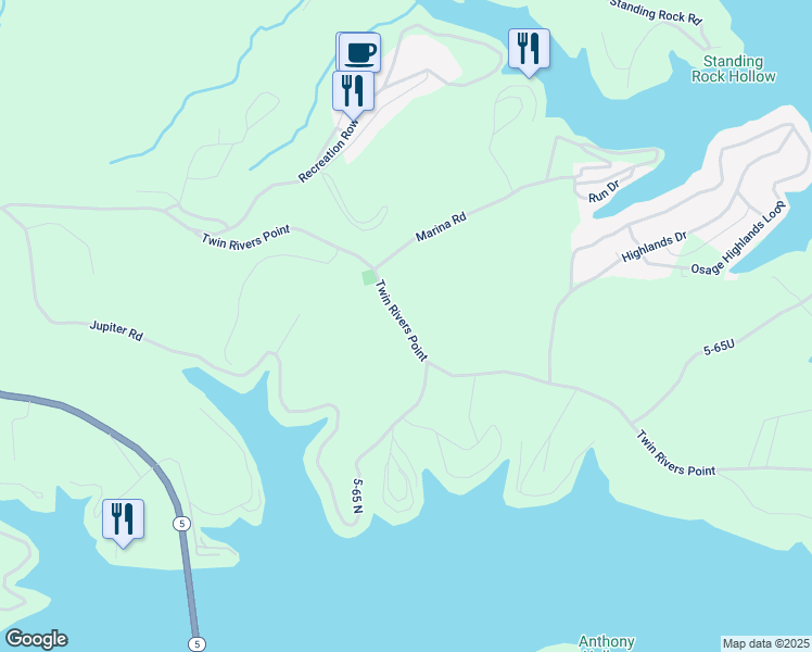 map of restaurants, bars, coffee shops, grocery stores, and more near Lake Road 5-65 in Camdenton