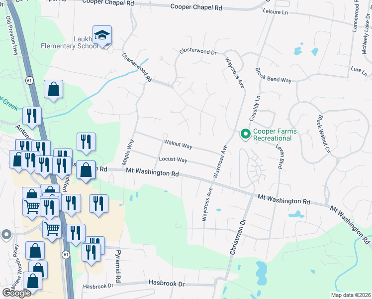 map of restaurants, bars, coffee shops, grocery stores, and more near 5611 Walnut Way in Louisville