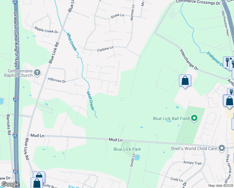 map of restaurants, bars, coffee shops, grocery stores, and more near 4607 Slate Run Court in Louisville