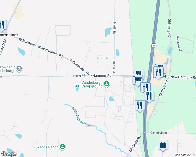 map of restaurants, bars, coffee shops, grocery stores, and more near 112-178 West Boonville New Harmony Road in Evansville