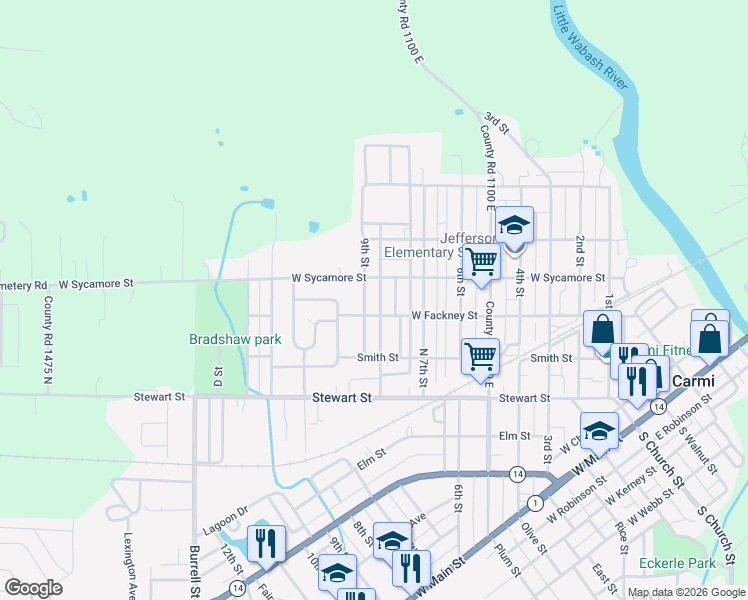 map of restaurants, bars, coffee shops, grocery stores, and more near 601-699 9th Street in Carmi