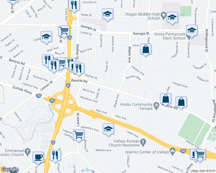 map of restaurants, bars, coffee shops, grocery stores, and more near 231 Steffan Street in Vallejo