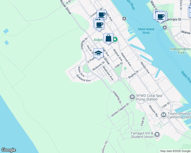 map of restaurants, bars, coffee shops, grocery stores, and more near 1109 Flagship Drive in Vallejo
