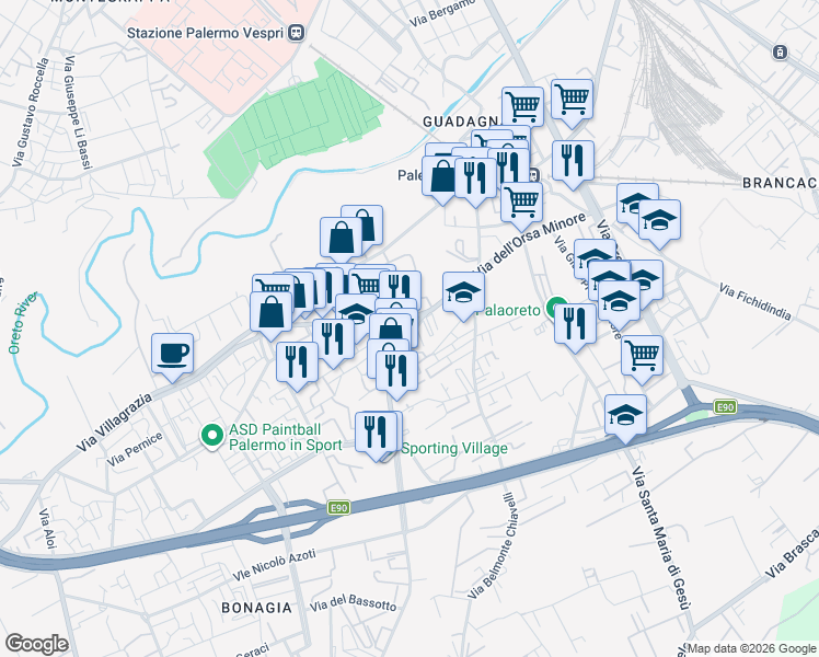 map of restaurants, bars, coffee shops, grocery stores, and more near 55 Via dell'Orsa Minore in Palermo
