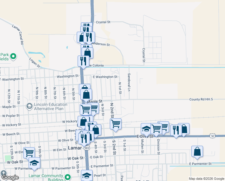 map of restaurants, bars, coffee shops, grocery stores, and more near 402 North 2nd Street in Lamar