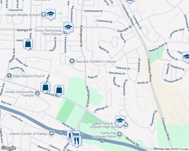 map of restaurants, bars, coffee shops, grocery stores, and more near 750 Pope Drive in Vallejo