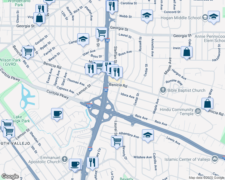 map of restaurants, bars, coffee shops, grocery stores, and more near 146 Idora Avenue in Vallejo