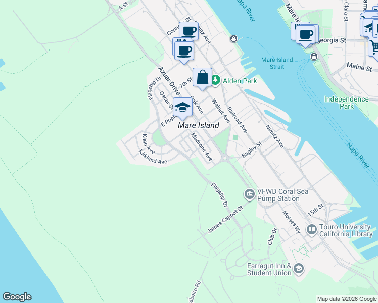 map of restaurants, bars, coffee shops, grocery stores, and more near 981 Prospect Avenue in Vallejo