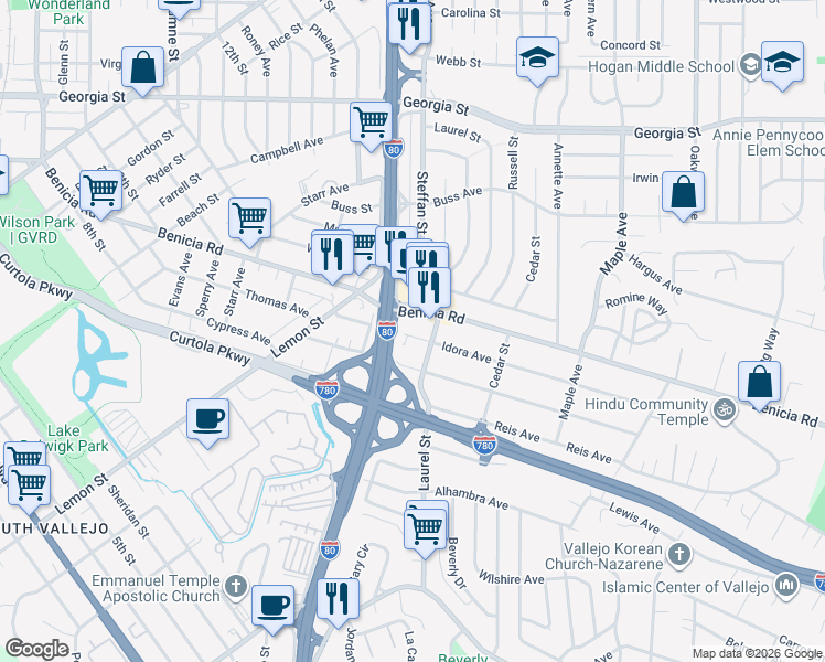 map of restaurants, bars, coffee shops, grocery stores, and more near 146 Idora Avenue in Vallejo