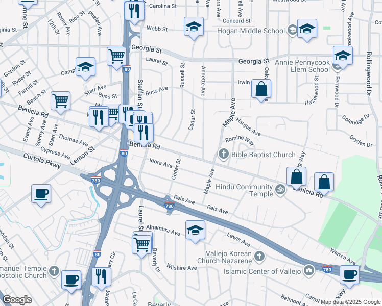 map of restaurants, bars, coffee shops, grocery stores, and more near 818 Benicia Road in Vallejo