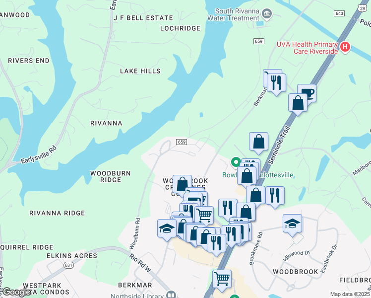 map of restaurants, bars, coffee shops, grocery stores, and more near 935 Marsac Street in Charlottesville