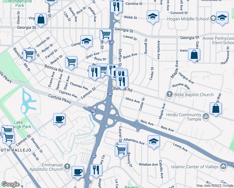 map of restaurants, bars, coffee shops, grocery stores, and more near 152 Idora Avenue in Vallejo