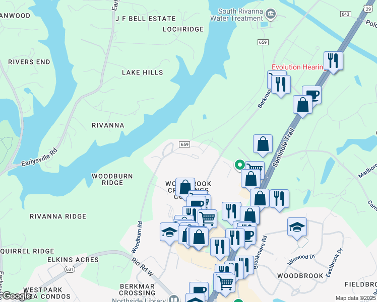 map of restaurants, bars, coffee shops, grocery stores, and more near 935 Marsac Street in Charlottesville