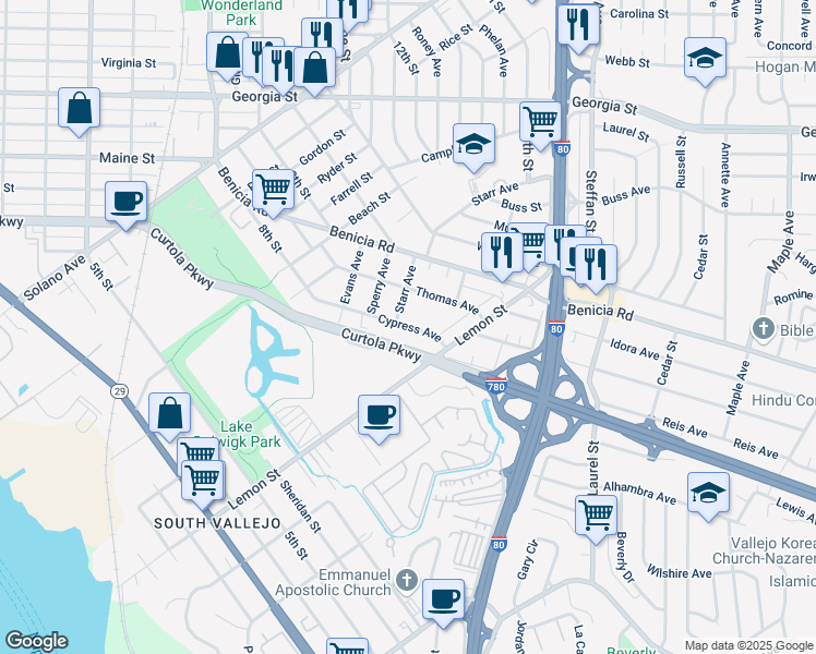 map of restaurants, bars, coffee shops, grocery stores, and more near 501 Cypress Avenue in Vallejo