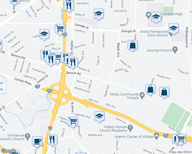 map of restaurants, bars, coffee shops, grocery stores, and more near 814 Benicia Road in Vallejo