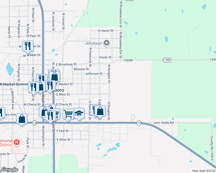 map of restaurants, bars, coffee shops, grocery stores, and more near 701-707 East Market Street in McLeansboro