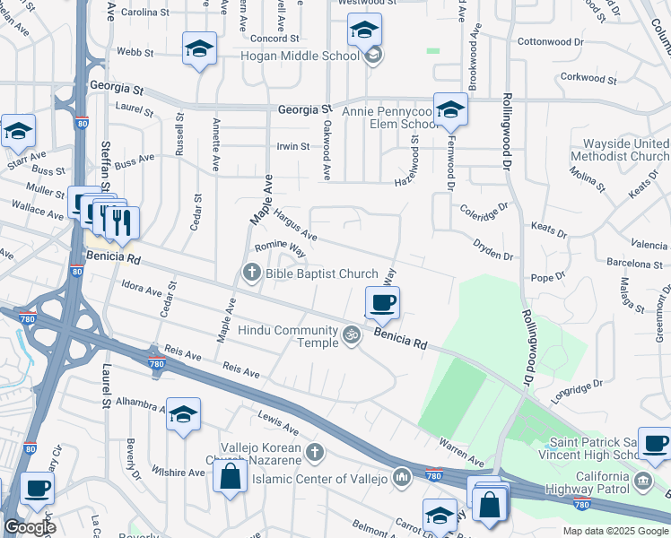 map of restaurants, bars, coffee shops, grocery stores, and more near 538 Apollo Court in Vallejo