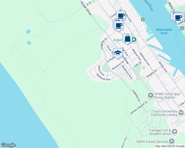 map of restaurants, bars, coffee shops, grocery stores, and more near 640 Tisdale Avenue in Vallejo
