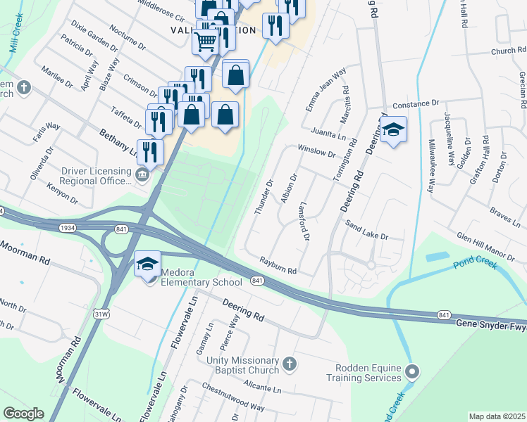 map of restaurants, bars, coffee shops, grocery stores, and more near 11107 Thunder Drive in Louisville
