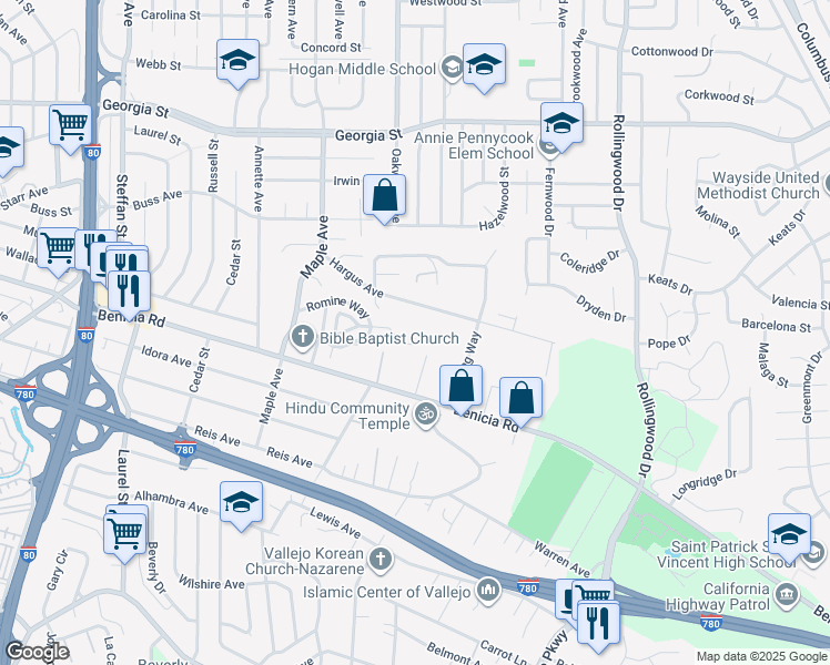 map of restaurants, bars, coffee shops, grocery stores, and more near 538 Apollo Court in Vallejo