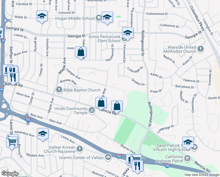 map of restaurants, bars, coffee shops, grocery stores, and more near 1115 Hargus Avenue in Vallejo