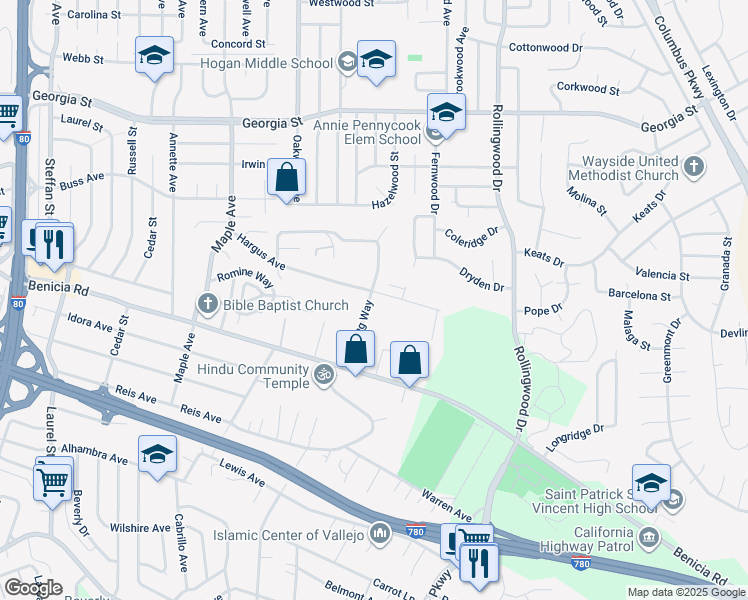 map of restaurants, bars, coffee shops, grocery stores, and more near 446 Banning Way in Vallejo