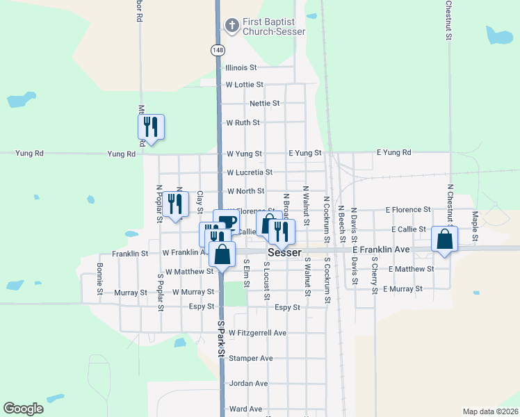 map of restaurants, bars, coffee shops, grocery stores, and more near 209 West Florence Street in Sesser