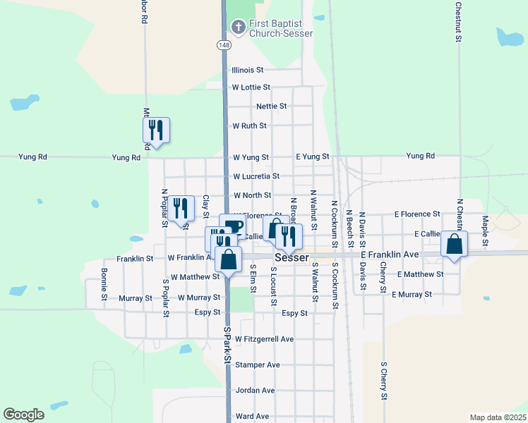 map of restaurants, bars, coffee shops, grocery stores, and more near 206 West Florence Street in Sesser