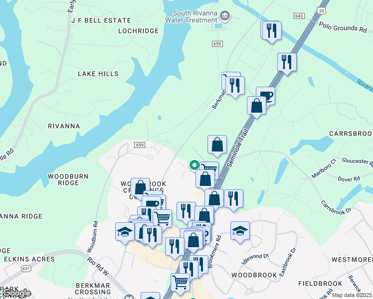 map of restaurants, bars, coffee shops, grocery stores, and more near 3400 Berkmar Drive in Charlottesville