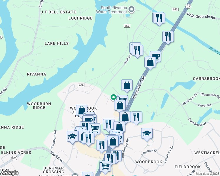 map of restaurants, bars, coffee shops, grocery stores, and more near 3400 Berkmar Drive in Charlottesville