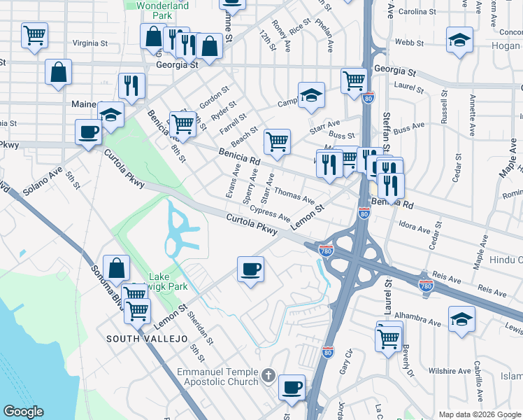 map of restaurants, bars, coffee shops, grocery stores, and more near 401 Cypress Avenue in Vallejo