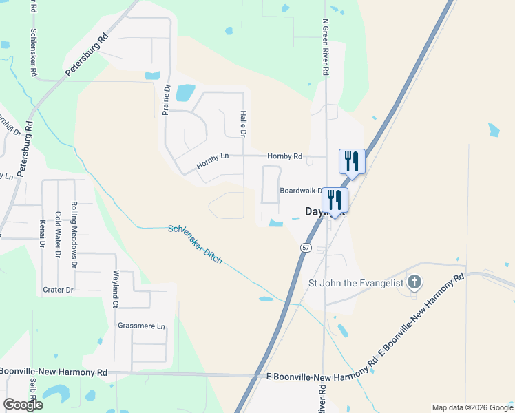 map of restaurants, bars, coffee shops, grocery stores, and more near 12812 Mattison Court in Evansville