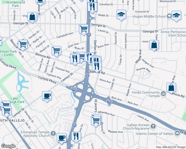 map of restaurants, bars, coffee shops, grocery stores, and more near 146 Idora Avenue in Vallejo