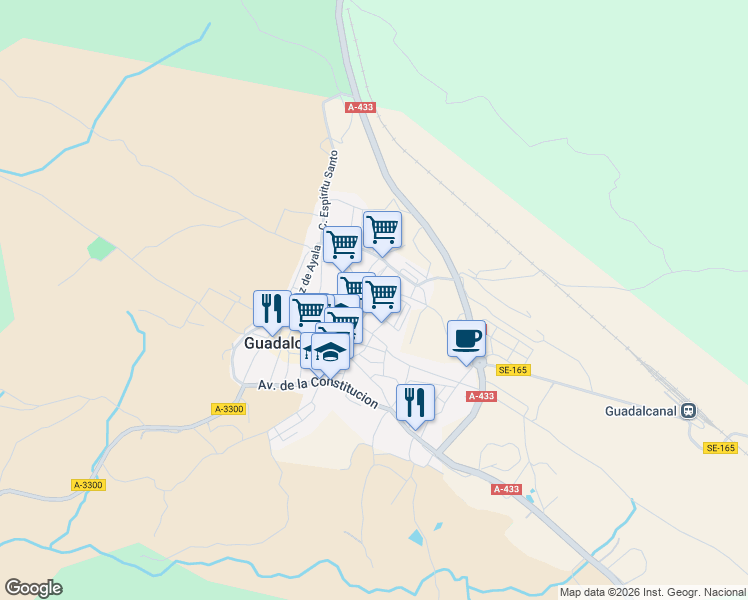 map of restaurants, bars, coffee shops, grocery stores, and more near 37 Calle Cervantes in Guadalcanal