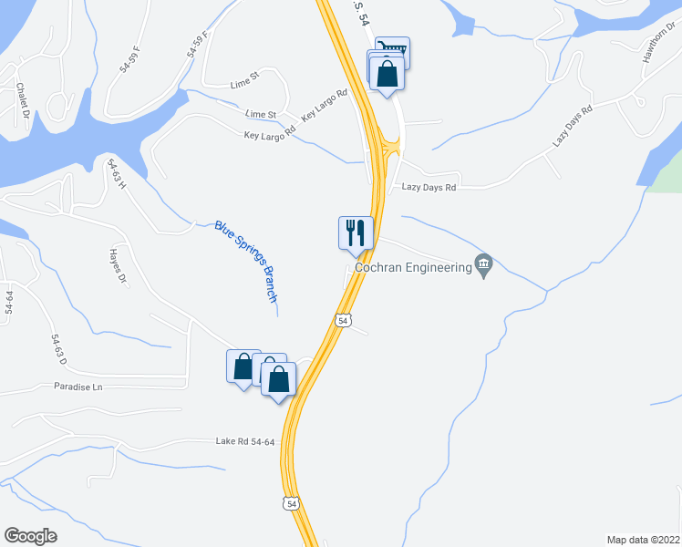 map of restaurants, bars, coffee shops, grocery stores, and more near 6605 U.S. 54 in Osage Beach