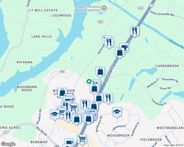 map of restaurants, bars, coffee shops, grocery stores, and more near 3450 Berkmar Drive in Charlottesville