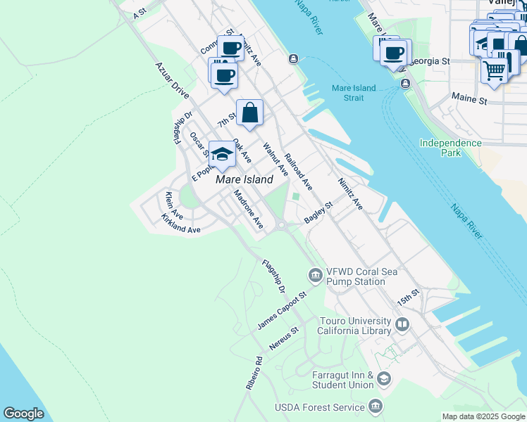 map of restaurants, bars, coffee shops, grocery stores, and more near 1175 Azuar Drive in Vallejo