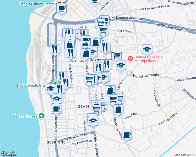 map of restaurants, bars, coffee shops, grocery stores, and more near 5 Via Bergamo in Reggio Calabria