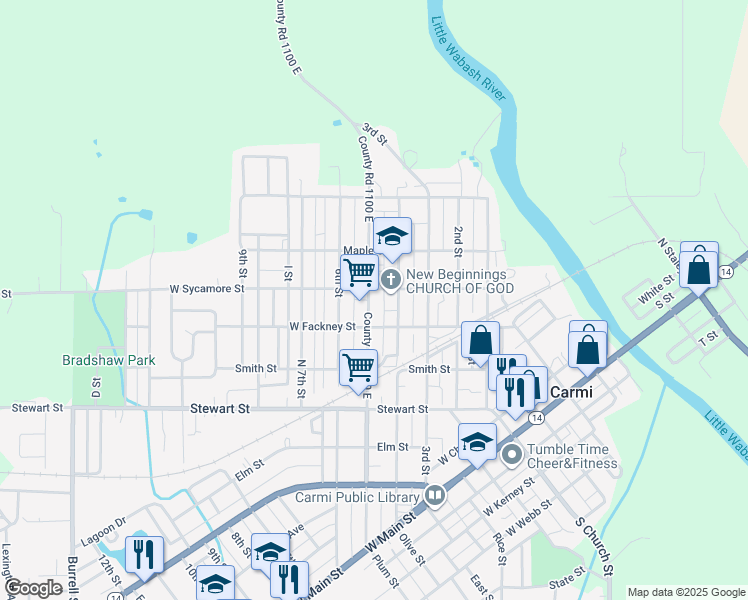 map of restaurants, bars, coffee shops, grocery stores, and more near 612 County Road 1100 East in Carmi
