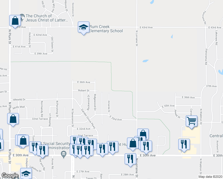 map of restaurants, bars, coffee shops, grocery stores, and more near Northeast Hutchinson Trail in Hutchinson